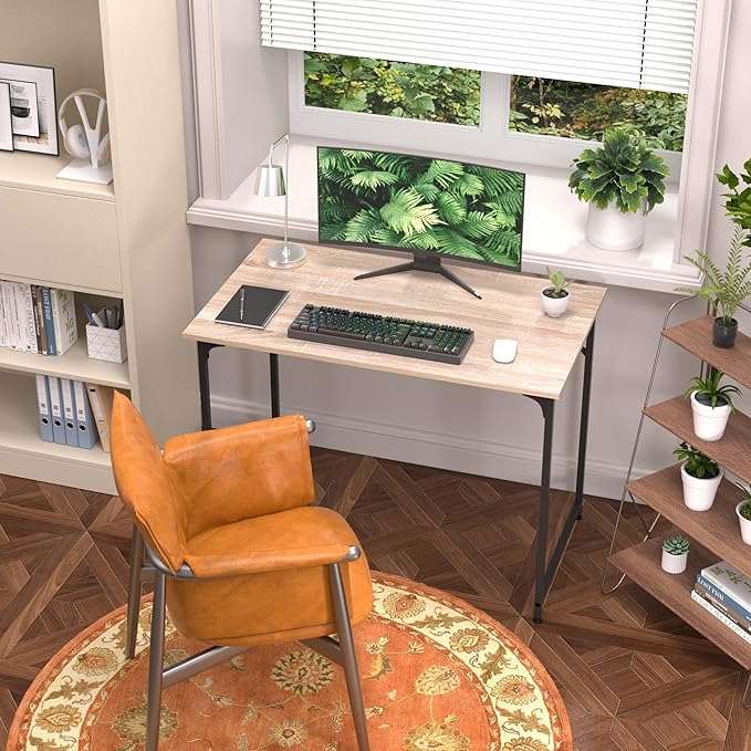 39 Inch Computer Desk with Wood Board and Metal Frame, Modern Simple Style Work Desk with Adjustable Feet, Study Gaming Desk Table for Home Office, Bedroom, Small Spaces