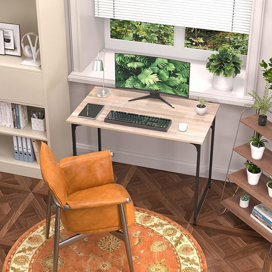 39 Inch Computer Desk with Wood Board and Metal Frame, Modern Simple Style Work Desk with Adjustable Feet, Study Gaming Desk Table for Home Office, Bedroom, Small Spaces