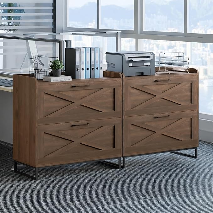 2 Drawer Lateral File Cabinet, Filing Cabinet with Charging Station for Letter/Legal/A4 Size Hanging Files, Modern Farmhouse File Cabinet for Home Office, Printer Stand with Storage, Dark Walnut