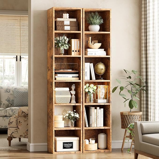 Narrow Bookshelf & Bookcase Set of 2, 6-Tier Floor Standing Open Book Shelf, Modern Corner Bookshelf with Storage Space, 71.5" Tall Bookshelves for Bedroom, Living Room and Office, Brown