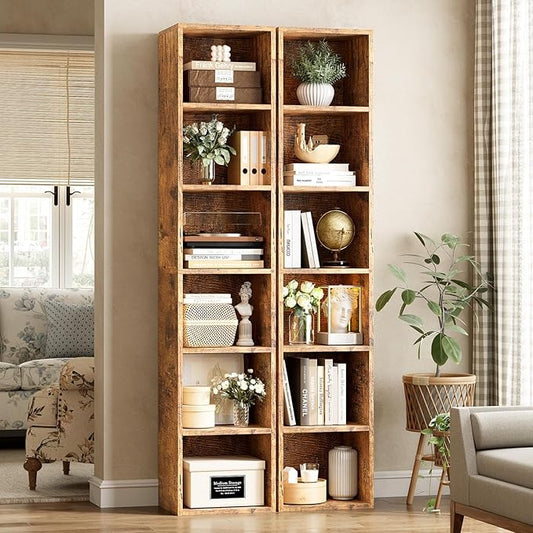 Narrow Bookshelf & Bookcase Set of 2, 6-Tier Floor Standing Open Book Shelf, Modern Corner Bookshelf with Storage Space, 71.5" Tall Bookshelves for Bedroom, Living Room and Office, Brown