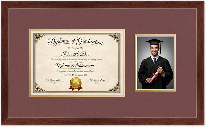 Diploma Frame With Photo Opening Rustic Walnut Dark Red Over Gold Mat - Fits 11.69 x 8.27 Degree and Picture Made in the USA