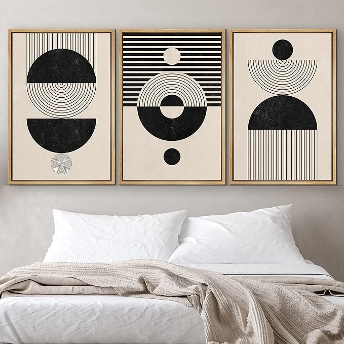 IDEA4WALL Framed Canvas Print Wall Art Set Geometric Black Tan Stripe Circle Stripe Collage Abstract Shapes Illustrations Modern Art Nordic for Living Room, Bedroom, Office - 24"x36"x3 Natural