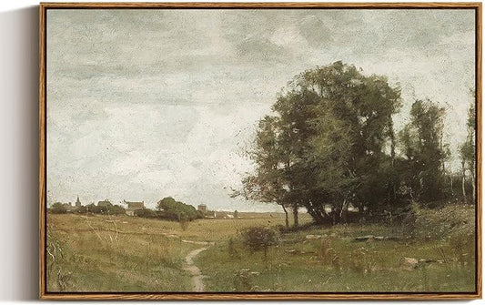 ARPEOTCY Vintage Framed Canvas Wall Art, Country Village Scenery Retro Painting Decor Aesthetic, Large Print Artwork, Landscape Wall Pictures for Living Room,20x30 Inch