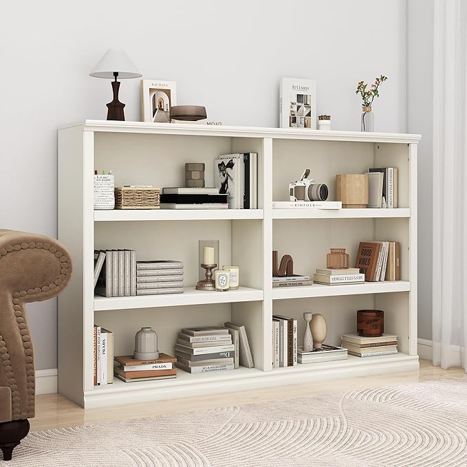 Double Wide Open Shelf Bookcase - 3 Tiers 6 Storage Cube Adjustable Space Book Case, Display Cabinet Organizer with Bookshelf, 64.8 inch Width Indoor Furniture for Home Library Office, White