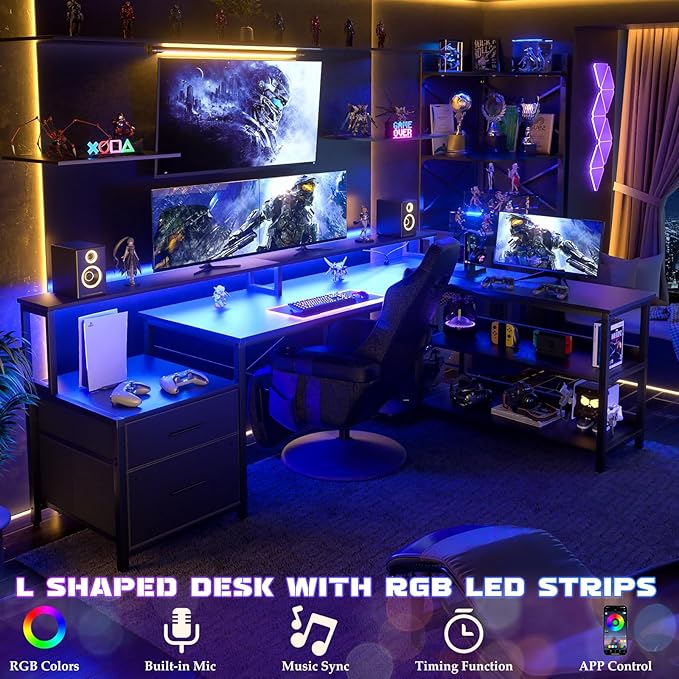 Aheaplus L Shaped Desk with File Drawer, 72.8" Reversible L Shaped Computer Desk with Power Outlet & LED Strip, Gaming Desks with Long Monitor Stand, Corner Office Desks with Storage Shelf, Black