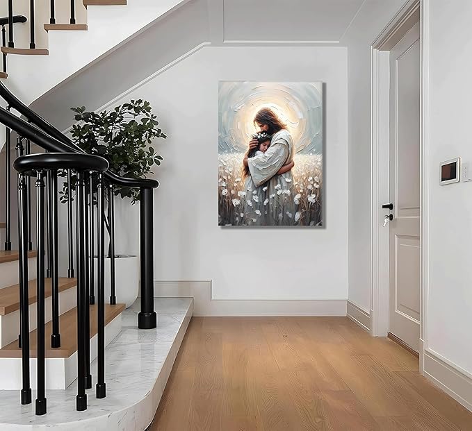 Christian Canvas Wall Art -His Love- Jesus Hugging Girl Painting Safe Haven Posters Bible Prints Jesus Picture Jesus with Children Wall Decor framed