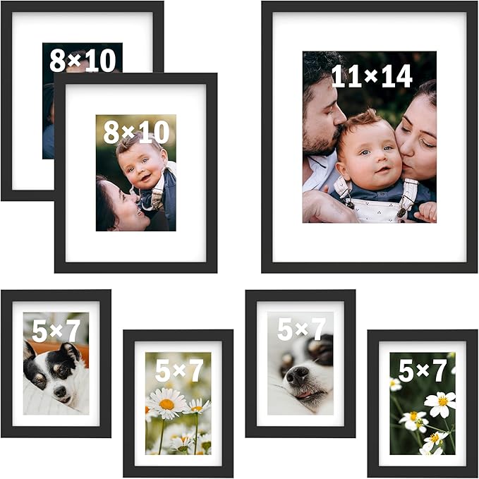 An&He 7 Pack Picture Frames Collage Wall Decor, Gallery Wall Frame Set for Wall or Tabletop Display, Multi Sizes with One 11x14, Two 8x10, and Four 5x7 Photo Frames, Black