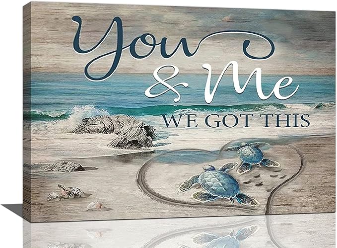 Beach Sea Turtle Bathroom Wall Art Coastal Turtle Love Pictures Wall Decor Ocean Nautical Canvas Seascape Painting Modern Artwork Home Decoration for Living Room Bedroom Office Framed 24"x16"