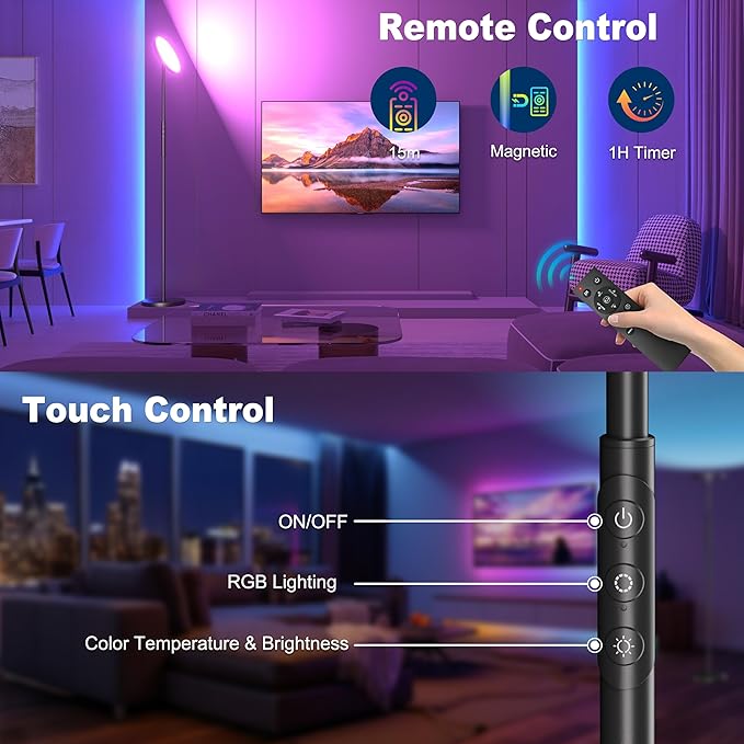 RGB Torchiere Floor Lamps for Living Room, 3600LM 36W Bright LED Standing Lamp with Remote, Modern Color Changing Tall Lamp with Stepless Dimming, 69" Corner Floor Lamp for Bedroom, Office