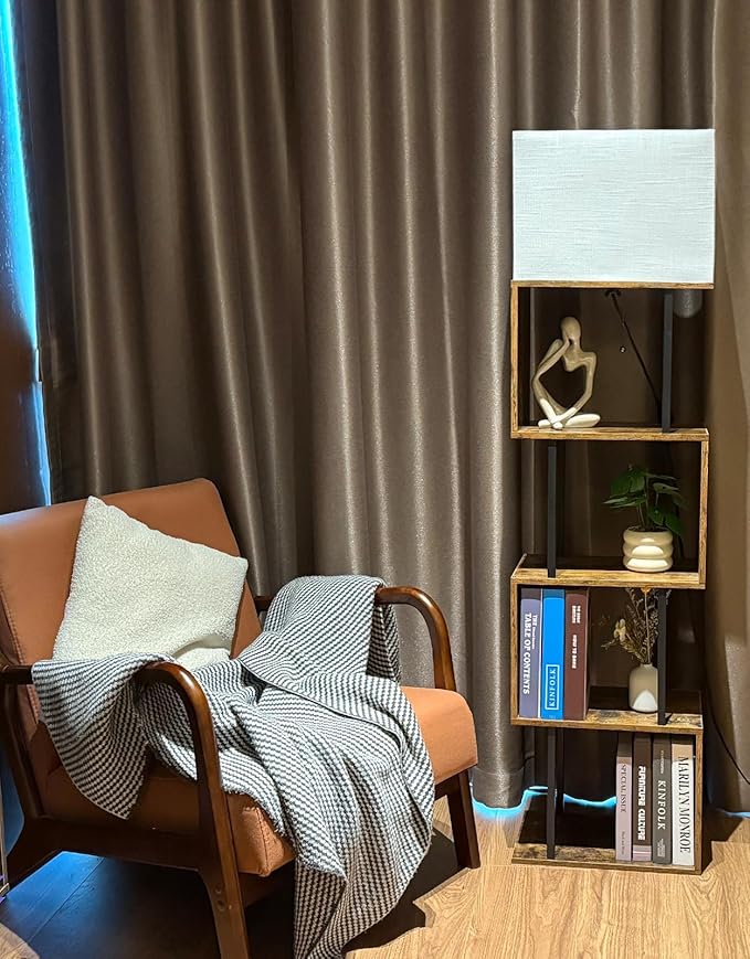 5-Tier Floor Lamp with Shelves & Remote, Dimmable S-Shaped Bookshelf with 3 Color Temperature, 1-Hour Timer, Tall Corner Standing Lamp for Living Room, Bedroom, Office (Rustic Brown)