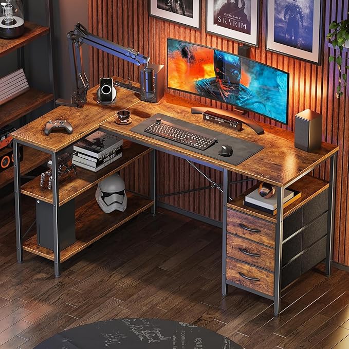 Simple Deluxe L Shaped Gaming Desk with Power Outlets, 47 Inch Computer Desk with 3 Drawers, Shelves, Corner Computer Desk for Gaming, Corner Work, Home Office, Study, Rustic Brown