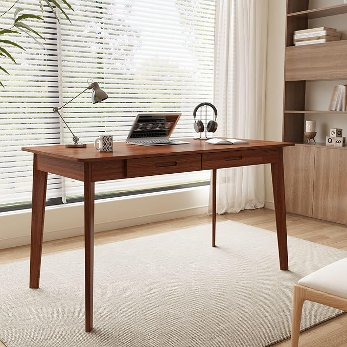 47 Inch Compact Computer Gaming Desk, Study Work Office Desk with 2 Storage Drawers, Rectangular Study Reading Table, Simple Computer Writing Table for Home Office, Living Room,Walnut Color