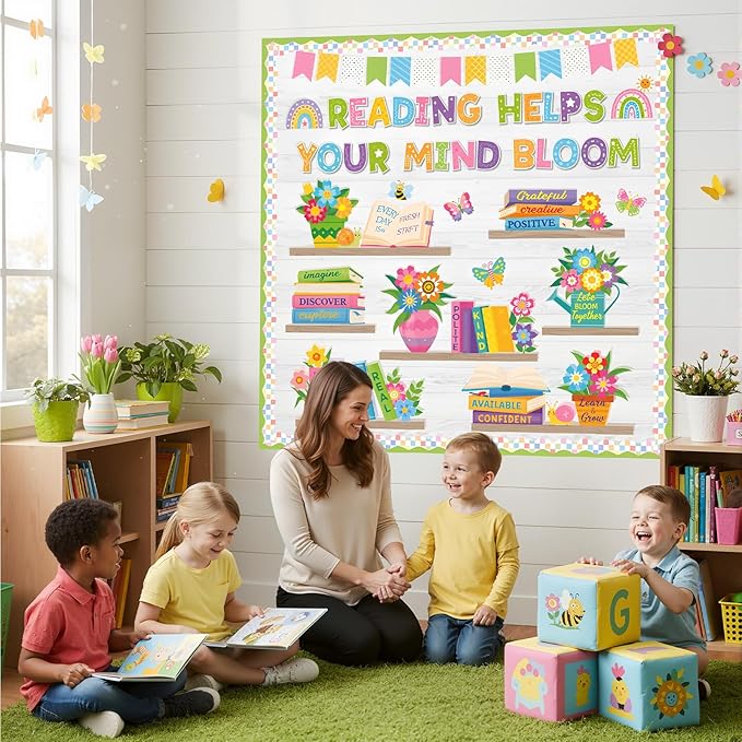 Pasimy Spring Reading Bulletin Board Set, Flower Plant Bookshelf Classroom Decorations Read Themed Paper Cutouts Words of Wisdom Bulletin Board Decor for Elementary School Library Chalkboard Wall