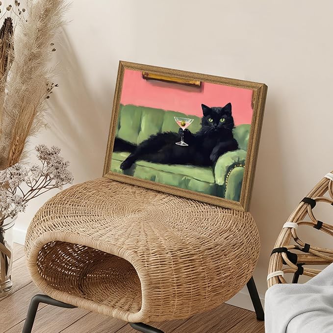 Fantasy Artists Humorous Black Cat Character Wall Art – Relaxed Anthropomorphic Illustration with Playful Attitude, Framed Canvas for Living Room, Office or Creative Space, 12W X 16H