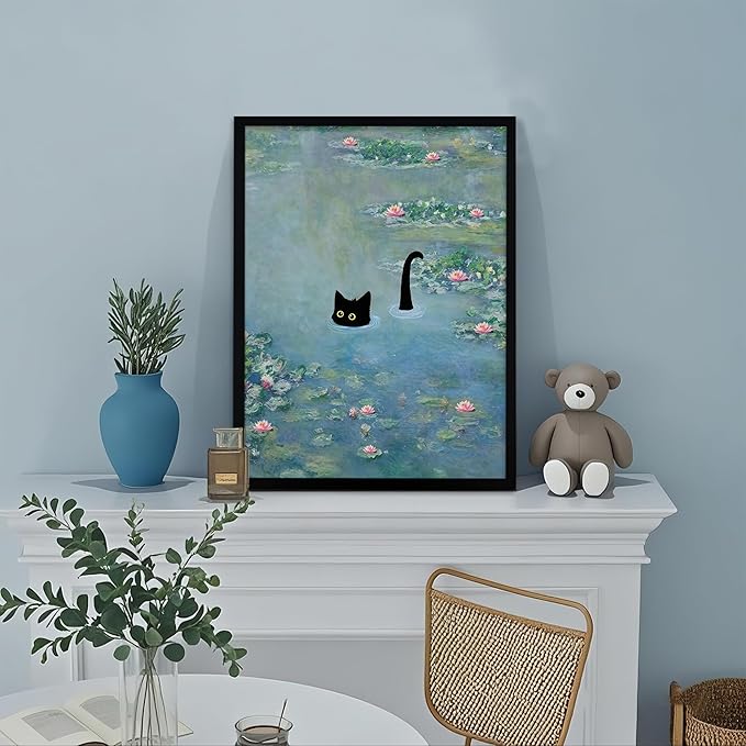 Fantasy Artists Monet Water Lilies Cat Wall Art, Framed Vintage Canvas Art Wall Decor, Funny Black Cat Posters Prints for Bathroom Bedroom Living Room Home Office Decorations 12" Wide X 16" Height