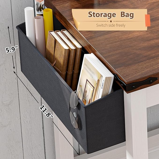 EnHomee 32 Inch Small Desk with Storage Bag Detachable, Gaming Desk with Power Outlet, Modern Simple Home Office Desk and Writing Desk for Small Spaces, Study Desk for Bedroom, Brown & White