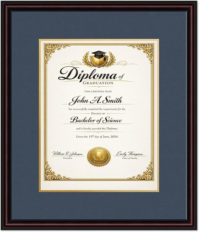 CountryArtHouse Diploma Frame Fits 11 x 14 College Diploma (Portrait) - Keepsake Graduation Display Executive Brown Genuine Hardwood with Navy Blue Over Metallic Gold Double mat
