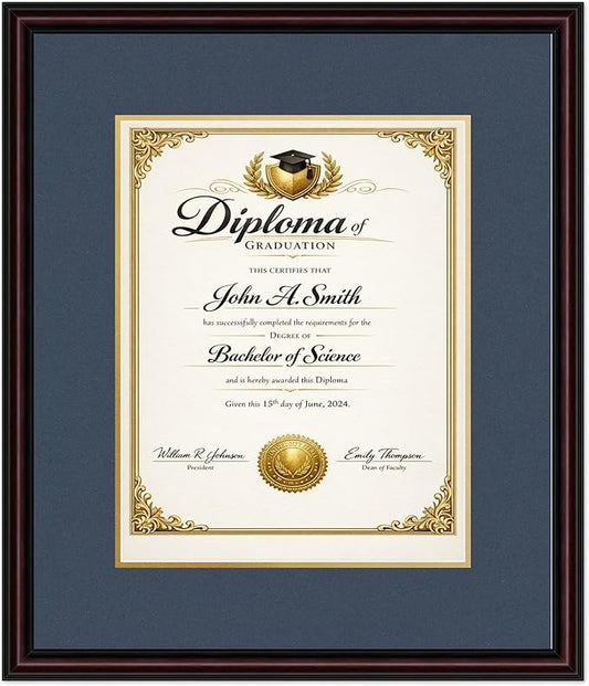 CountryArtHouse Diploma Frame Fits 11 x 14 College Diploma (Portrait) - Keepsake Graduation Display Executive Brown Genuine Hardwood with Navy Blue Over Metallic Gold Double mat