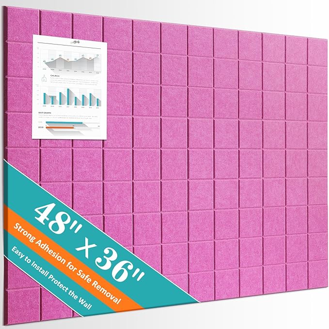 Cork Board for Walls 48" x 36", Bulletin Board for Office Decor, 12 Pack Felt Wall Tiles with Safe Removable Adhesive, Pin Tack Corkboard for Quilting Design & Dart Wall Protector - Dusty Rose