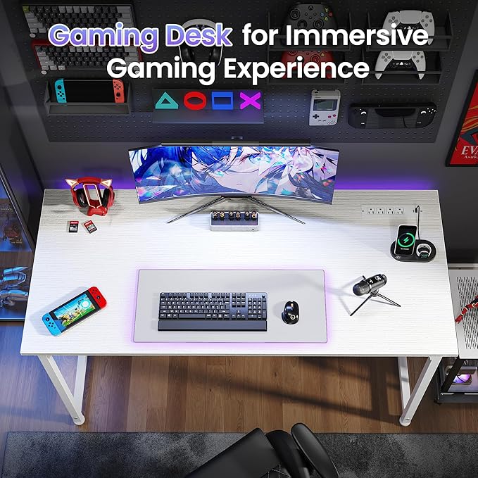 PRAISUN 47 X 20 Inch Office Computer Desk with Power Outlets and USB-C Port, Larger Gaming Desk, for Home Office, Study, Bedroom, Writing Work from Home Table, Metal Frame, White