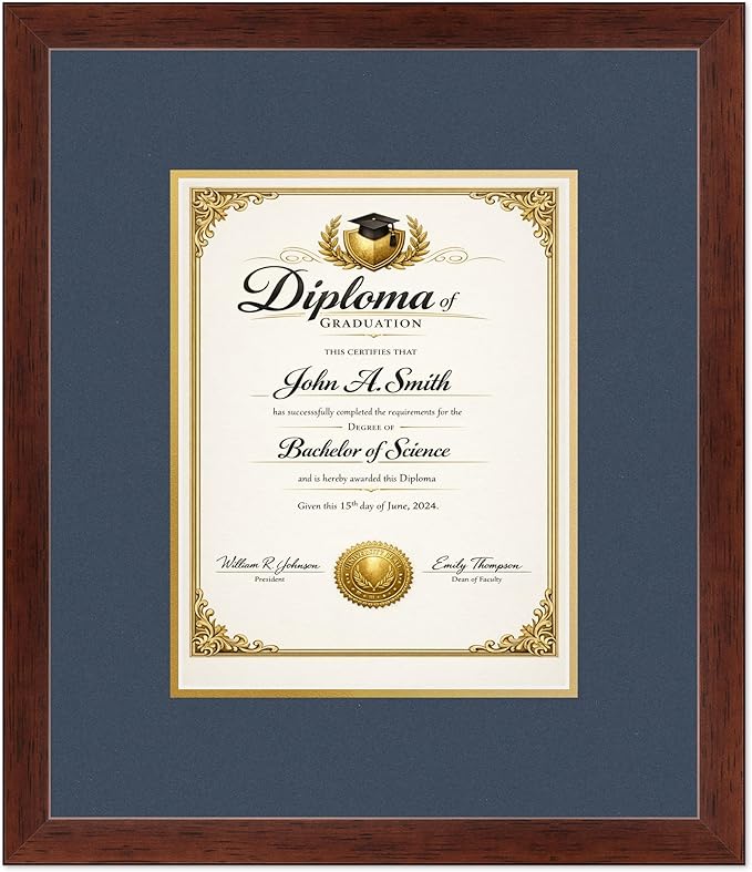 CountryArtHouse Diploma Frame Fits 8.5 x 11 Certificate (Portrait) - Keepsake Graduation Display Rustic Walnut Genuine Hardwood with Navy Blue Over Metallic Gold Double mat