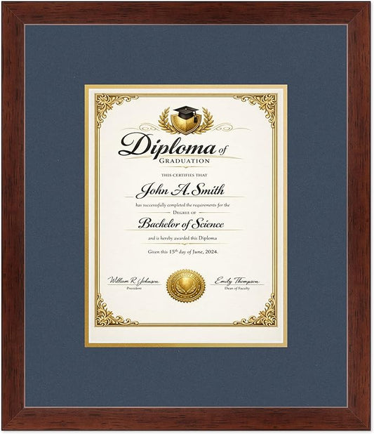 CountryArtHouse Diploma Frame Fits 8.5 x 11 Certificate (Portrait) - Keepsake Graduation Display Rustic Walnut Genuine Hardwood with Navy Blue Over Metallic Gold Double mat