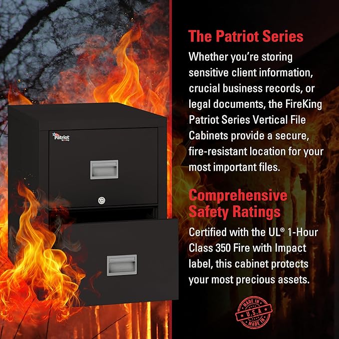 FireKing Patriot 2P2131-CBL Insulated UL Class 350 one-Hour Fire Rated Vertical Filing Cabinet with 2 Drawers, Deep Legal Size, 31-9/16" Length x 20-13/16" Width x 27-3/4" Height, Black