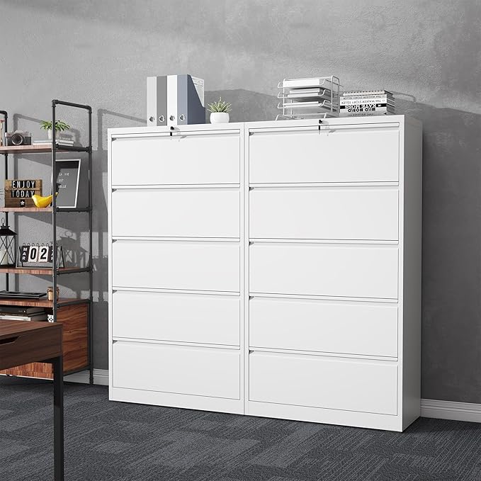5 Drawer File Cabinet with Lock, Lateral Filing Cabinets,Metal Storage Filing Cabinets for Home Office, Heavy Duty File Cabinet for Letter/Legal/A4/F4 Size Amsseble Required, White