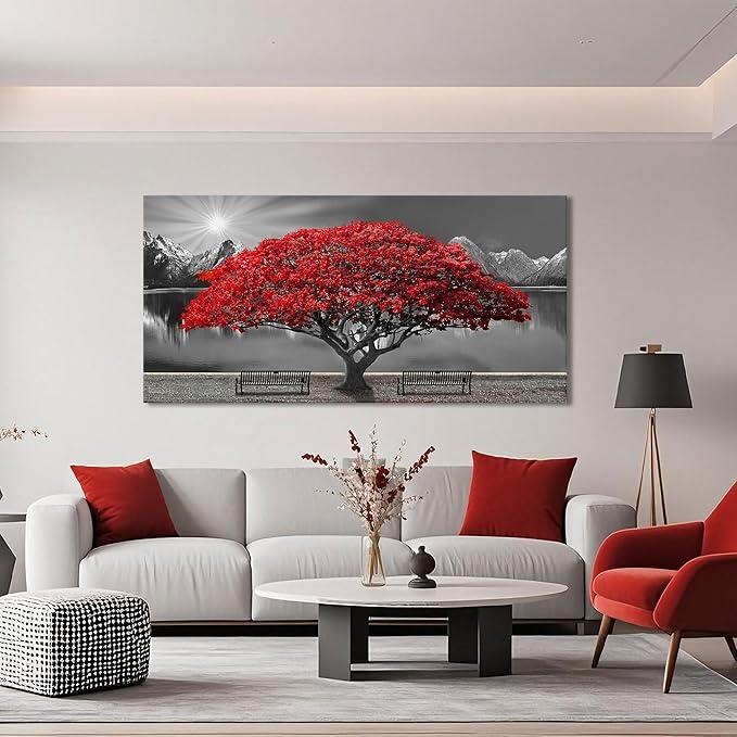 Mofutinpo Black and White Red Tree Wall Art Canvas Print Picture Large Red Tree Landscape Modern Artwork for Living Room Bedroom Office Home Wall Decor With Frame 24X48inch