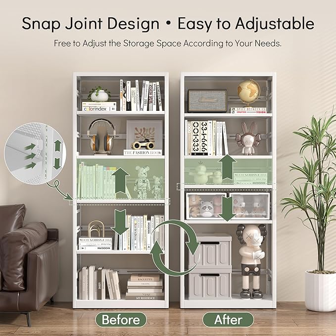 [Heavy Duty] Metal 5 Tier Bookshelf, 68" Tall Bookcase, Large Open Storage Shelf, Floor Standing Bookshelves and Bookcases for Home Office, Library, Living Room, Bedroom, White, Assemble Required
