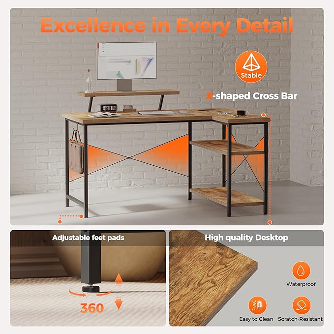 Mericonia Small L Shaped Computer Desk with Power Outlets, Reversible Gaming Desk with Storage Shelves & Monitor Stand, Corner Gamer Desk Table, Study Writing Table