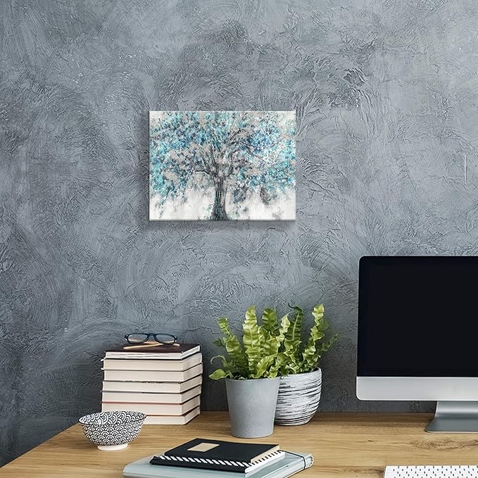 Hardy Gallery Abstract Tree Canvas Wall Art: Blue Painting Graphic Art Picture Print on Canvas Small Size without Embellishment for Dining Room (12"x16"x 1 Panel)