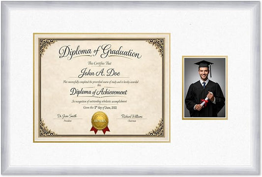Diploma Frame With Photo Opening Stainless Silver Oyster Shell Over Gold Mat - Fits 15 x 12 Degree and Picture Made in the USA
