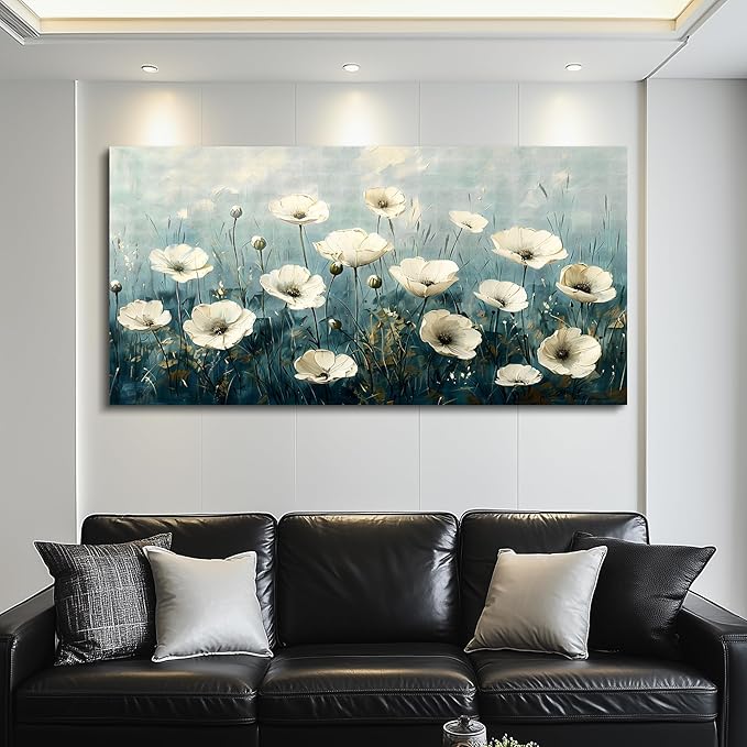 FUHAIHUA Canvas Wall Decor For Bedroom Large Wall Art For Living Room Office Decorations White Flowers Landscape Painting Modern Wall Pictures Aesthetics Posters Ready To Hang Home Decor 24x48 In