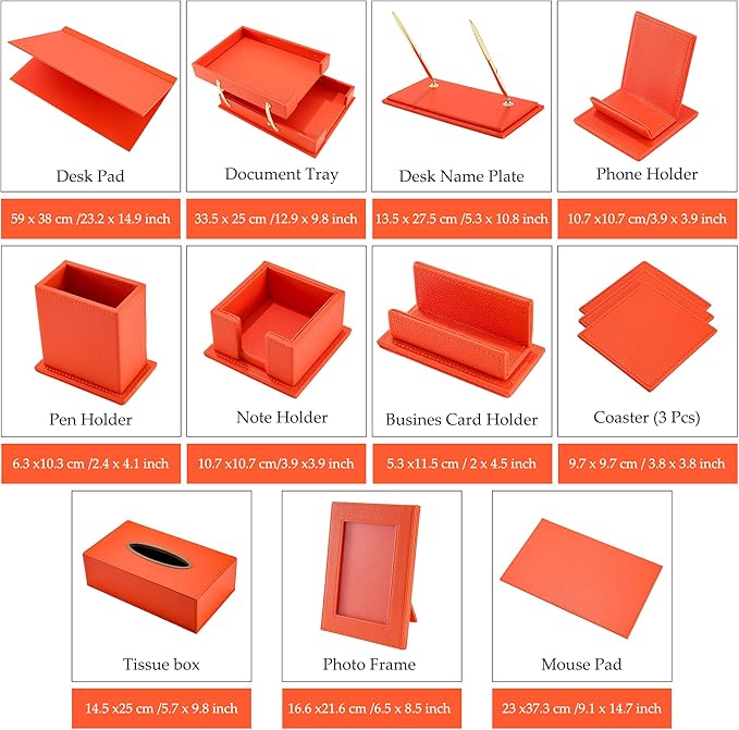 Luxury Executive Leather Desk Organizer Set –15-Piece Office Desk Accessories with Desk Pad, Letter Tray, Phone Stand, Pen Holder & Coasters – Professional Office Desk Decor & Gift (Orange)