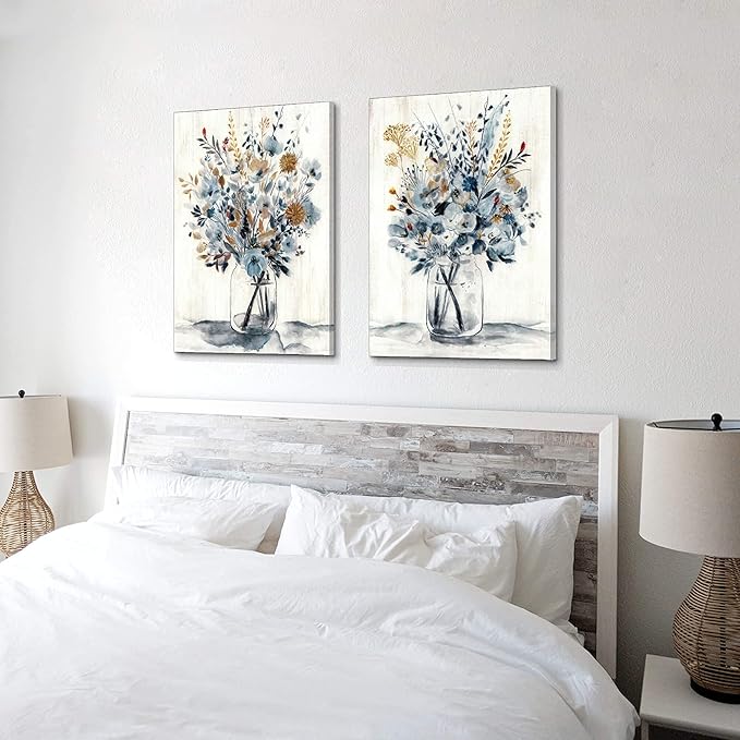 Hardy Gallery Floral Painting Canvas Wall Art: Abstract Flower Bouquet in Glass Bottle Picture Print for Dining Room (18'' x 24'' x 2 Panels)