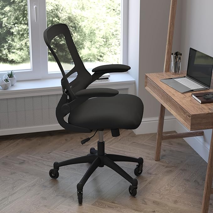 Flash Furniture Kelista Mid-Back Black Mesh Swivel Ergonomic Task Office Chair with Flip-Up Arms and Transparent Roller Wheels