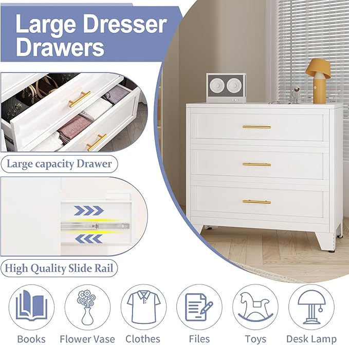3 Drawers Dresser for Bedroom, Metal Closet Drawer Dresser Chest Organizer, Drawer Cabinet for Home Office Collection and Storage Small Size Files (White)