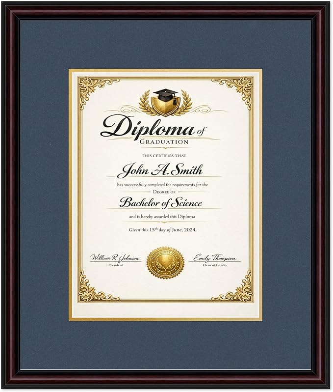 CountryArtHouse Diploma Frame Fits 10 x 13 College Diploma (Portrait Traditional) - Keepsake Graduati Executive Brown Genuine Hardwood with Navy Blue Over Metallic Gold Double mat