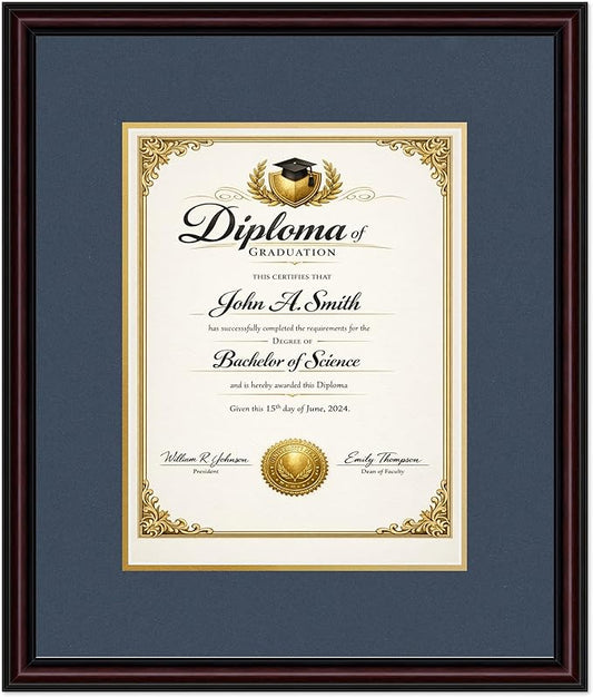 CountryArtHouse Diploma Frame Fits 10 x 13 College Diploma (Portrait Traditional) - Keepsake Graduati Executive Brown Genuine Hardwood with Navy Blue Over Metallic Gold Double mat