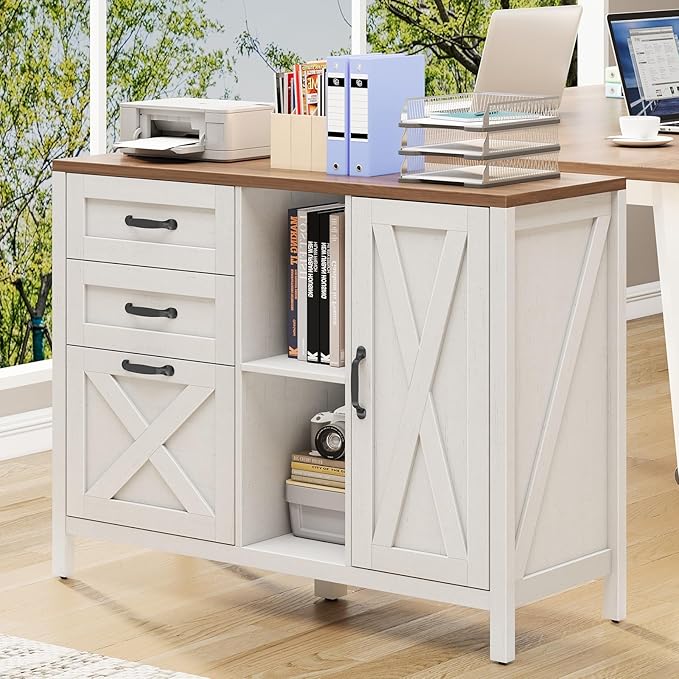 Vabches Lateral File Cabinet, Farmhouse 3 Drawer File Cabinet with Open Storage Shelf for Letter/A4/Legal Size Hanging Files, Large Wood Storage Cabinets Printer Stand for Home Office, White
