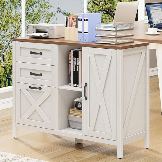 Farmhouse Lateral Filing Cabinet, Lateral File Cabinet with 3 Drawers and Cabinet, Large Printer Stand with File Drawer for Letter/A4 Size Hanging Files for Home Office, Rustic White