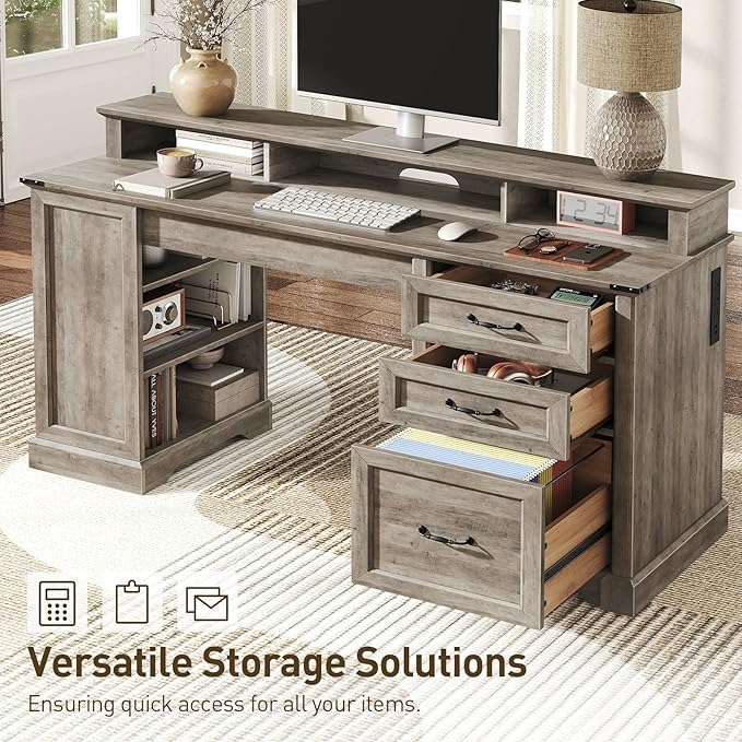 2 Pack 55'' Farmhouse Executive Desk with Drawers, Computer Desk with File Cabinet and Side Bookshelf, Writing Gaming Desk with Monitor Stand, Greige