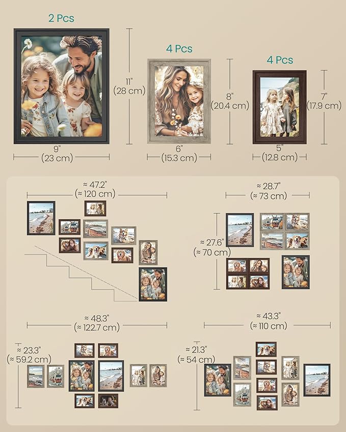 SONGMICS Picture Frames with 16 Mats, Set of 10 Collage Photo Frames, Two 8x10, Four 5x7, Four 4x6, Hanging or Table Display,12 Non-Trace Nails, Maroon Brown, Heather Greige, Ash Black URPF049K04