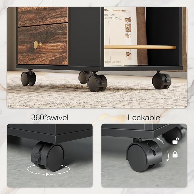 Mobile File Cabinet with 3 Drawers, 20" Wood Lateral Filing Cabinet with Lockable Wheels, Fit Letter/A4 Size or Home Office, Utility Cart with Open Storage Shelf, Black Walnut