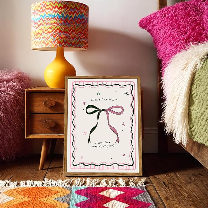 Framed Pink Bow Wall Art, Coquette Preppy Canvas Wall Decor Pictures, Trendy Inspirational Quote Paintings Prints Girly Home Decor Aesthetic for Girls Room Bedroom Dorm 16x24 inch