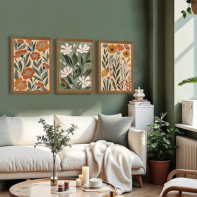InspiredHues 3 Piece Abstract Boho Floral Canvas Wall Art, Green Beige Flower Market Wall Decor, Minimalist Colorful Botanica Artwork Prints for For Living Room Bedroom Office 12x16 Inch Wood Framed