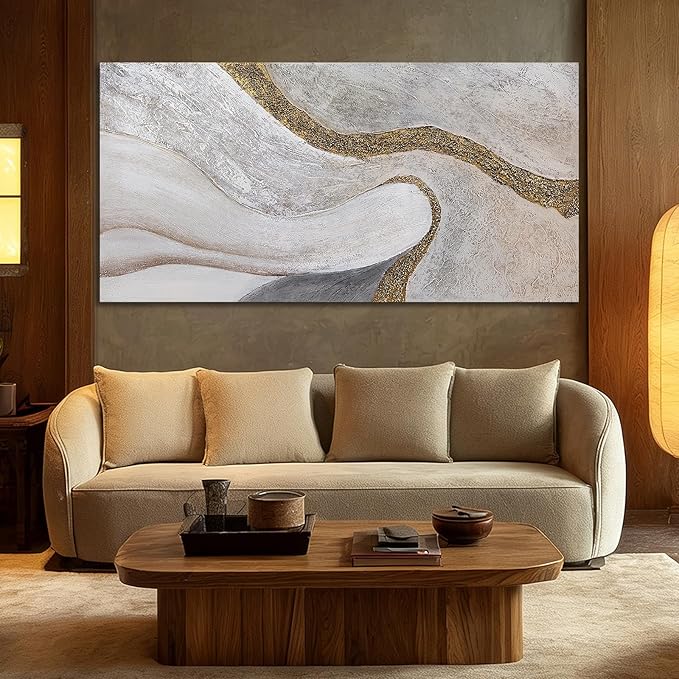 ZUNARE Modern White and Gold Abstract Canvas Wall Art Textured Posters Picture Flowing Line Design Minimalist Artwork for Living Room Bedroom Office Neutral Wall Decor 24x48 Inch