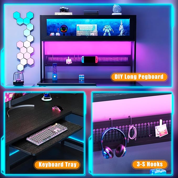 L Shaped Gaming Desk with Power Outlets & LED Lights, 39'' Small Reversible Computer Desk with Hutch & Pegboard & Display Cabinet, Corner Home Office Desk with Keyboard Tray & Storage Bag, Black